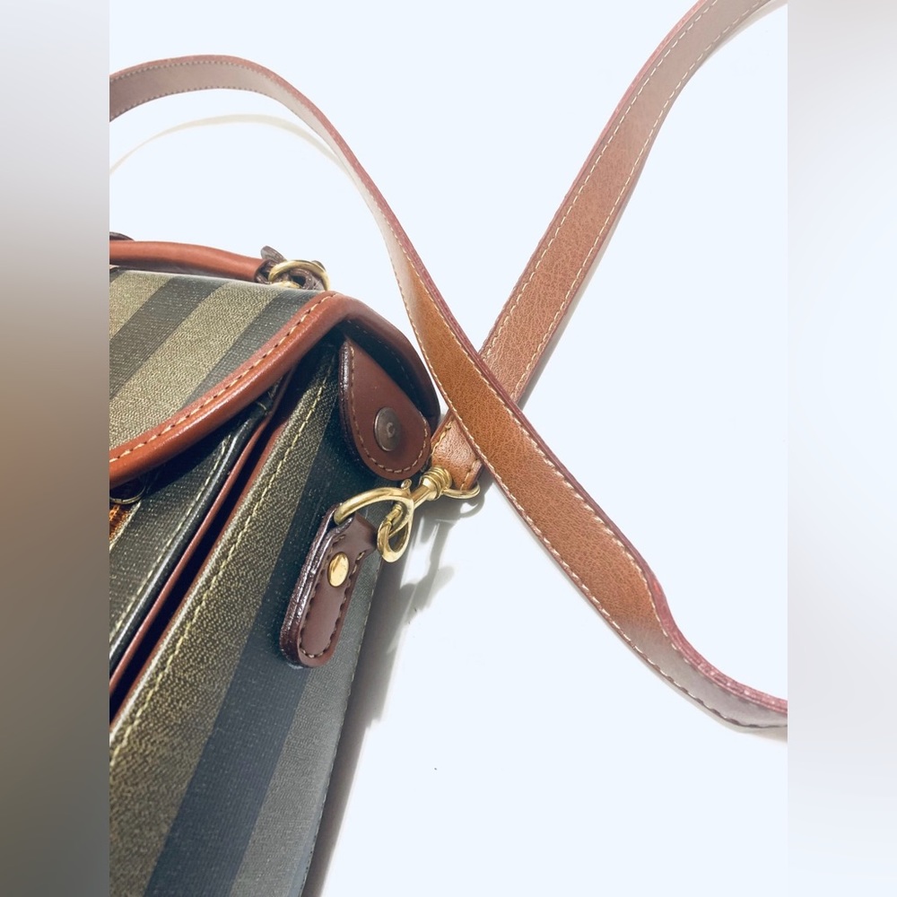 1980’s Vintage Structured Shoulder Bag - Striped Black, Grey and Brown - Picture 2 of 11